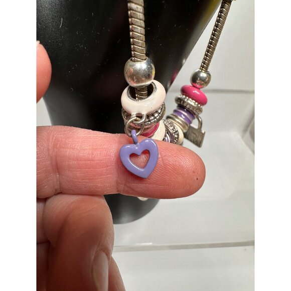Silver Charm Bracelet Pink Purple Accents Heart Bag Pendants Design Womens - Picture 9 of 14